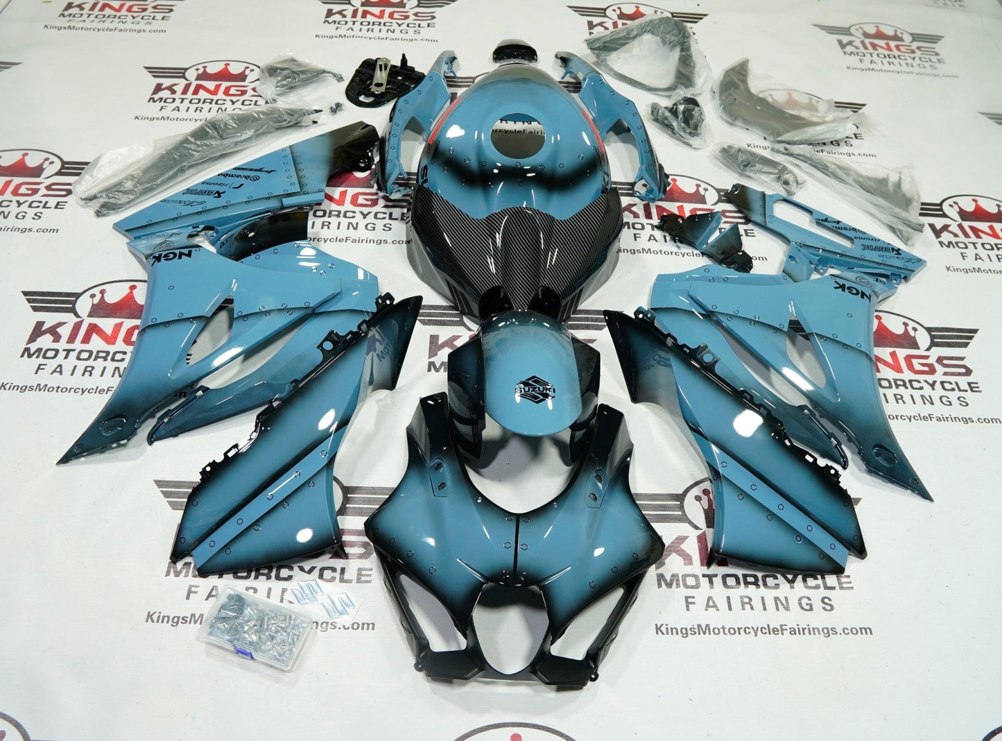 Suzuki GSXR1000 Fairings (2017-2025) Blue, Faux Carbon Fiber at KingsMotorcycleFairings.com