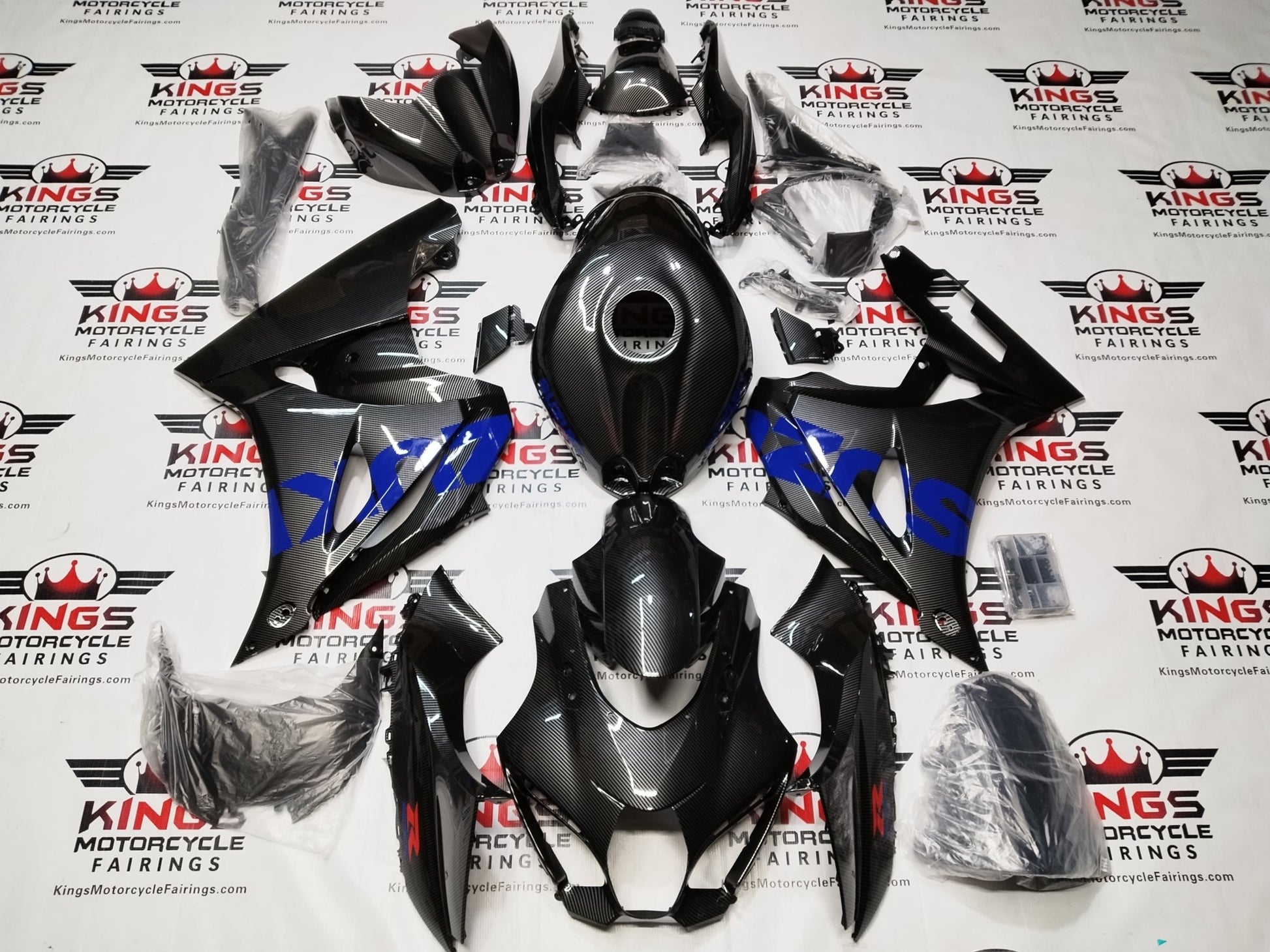 Suzuki GSXR1000 Fairings (2017-2025) Faux Carbon Fiber, Blue, Red at KingsMotorcycleFairings.com