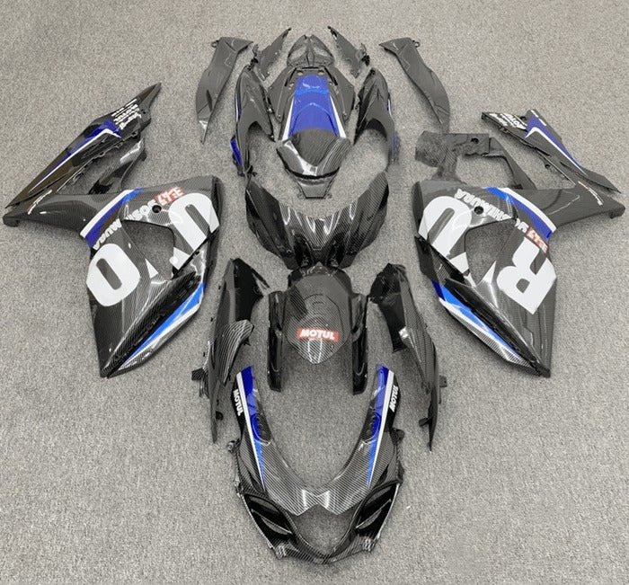 Suzuki GSXR 1000 Fairings (2017-2025) Faux Carbon Fiber, White, Blue at KingsMotorcycleFairings.com