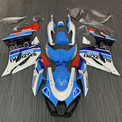 Suzuki GSXR 1000 Fairings (2017-2025) White, Blue Stripe, Red Motul at KingsMotorcycleFairings.com