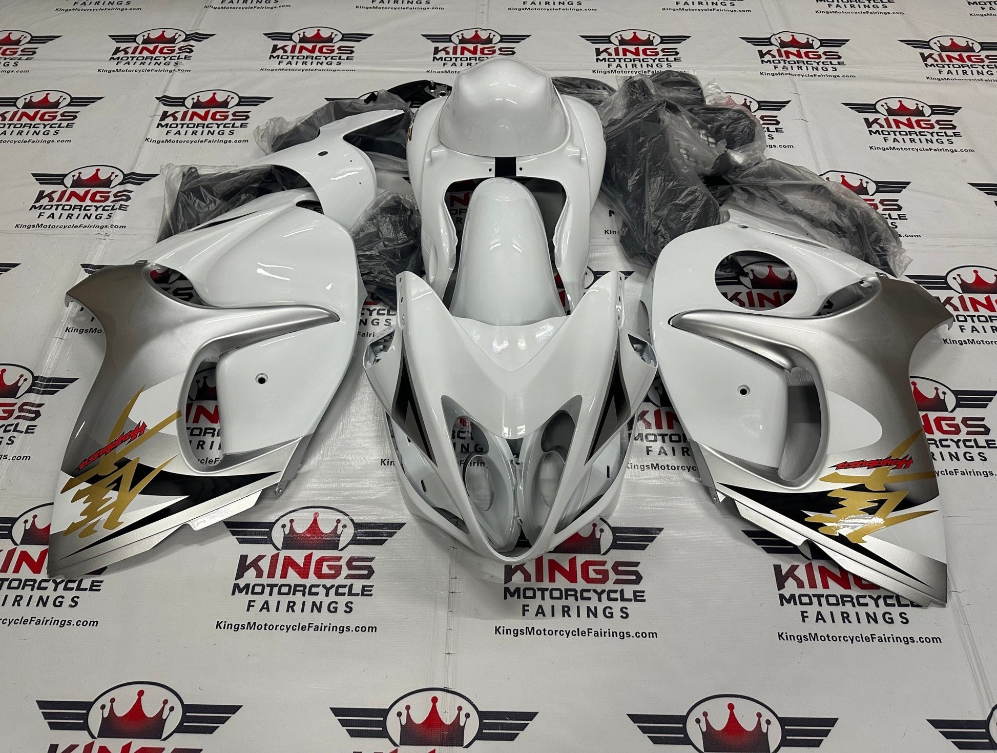 Suzuki GSXR1300 Hayabusa Fairings (2008-2019) White, Silver & Gold at KingsMotorcycleFairings.com
