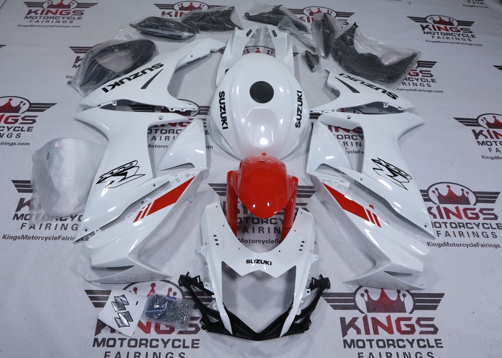 Suzuki GSXR600 Fairing Kit (2011-2024) Pearl White, Red at KingsMotorcycleFairings.com