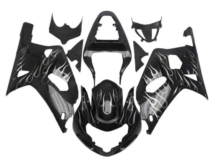 Suzuki GSXR600 Fairings (2000-2003) Black, White Flames at KingsMotorcycleFairings.com