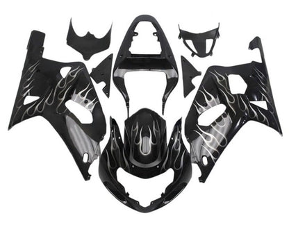 Suzuki GSXR600 Fairings (2000-2003) Black, White Flames at KingsMotorcycleFairings.com