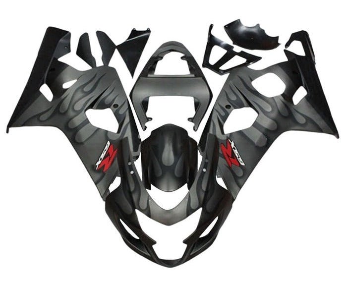 Suzuki GSXR600 Fairings (2004-2005) Matte Gray, Black Flames at KingsMotorcycleFairings.com