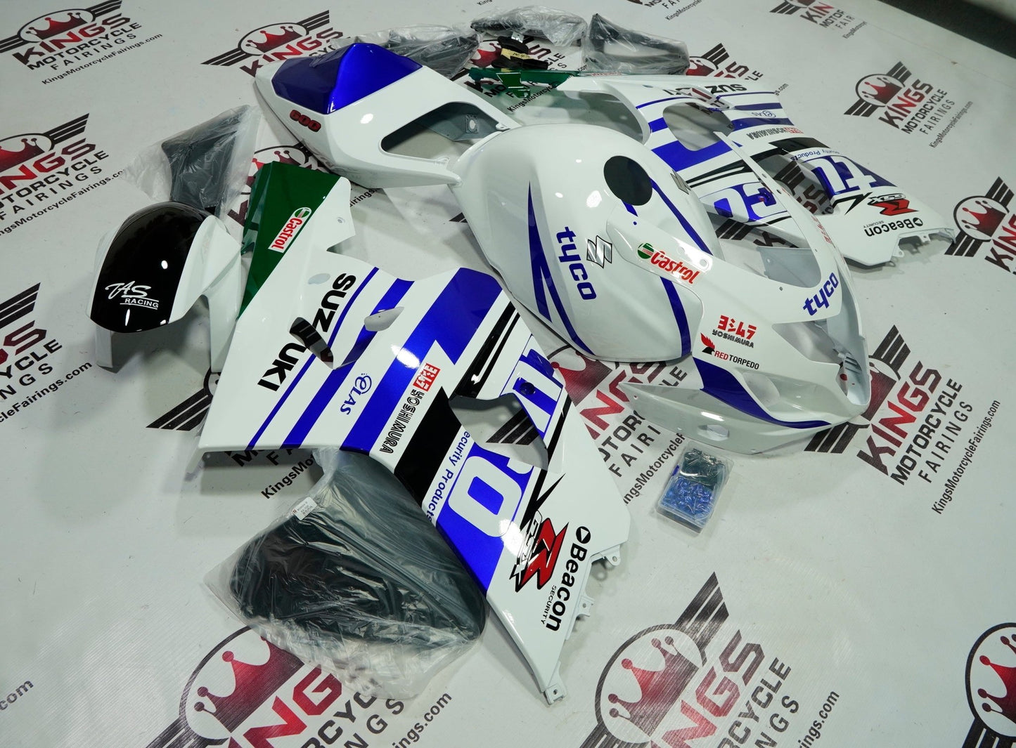 Suzuki GSXR 600 Fairings (2004-2005) White, Blue, Black & Green Tyco Stripes at KingsMotorcycleFairings.com