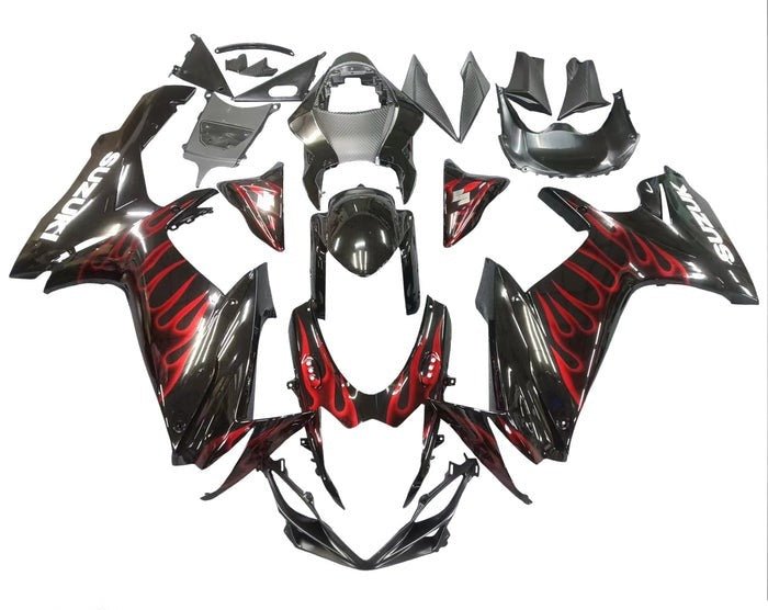 Suzuki GSXR600 Fairings (2011-2024) Gloss Black, Red Flames at KingsMotorcyclefairings.com