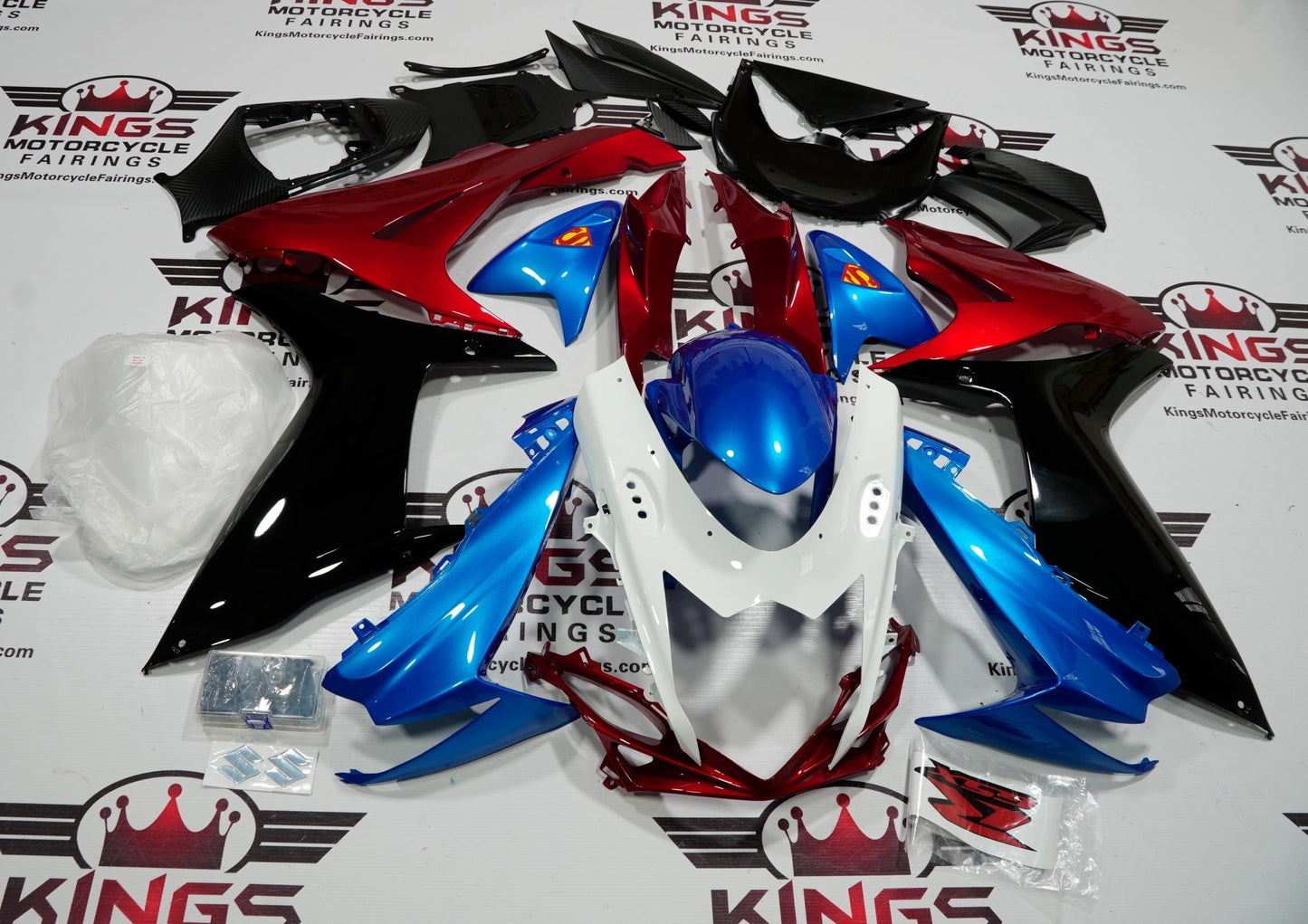 Suzuki GSXR600 Fairings (2025-2026) Blue, Black, White, Red Superman at KingsMotorcycleFairings.com