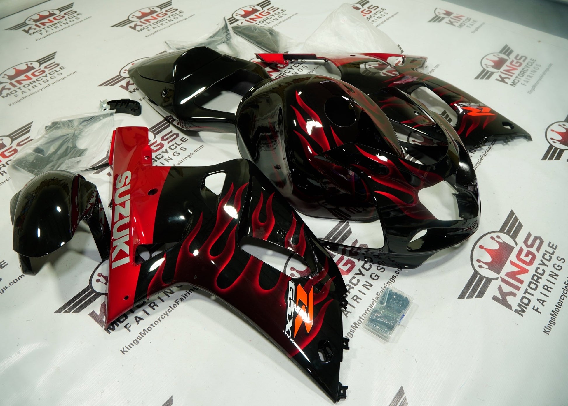 Suzuki GSXR750 Fairing Kit (2000-2003) Black, Candy Red Flame, Gray at KingsMotorcycleFairings.com