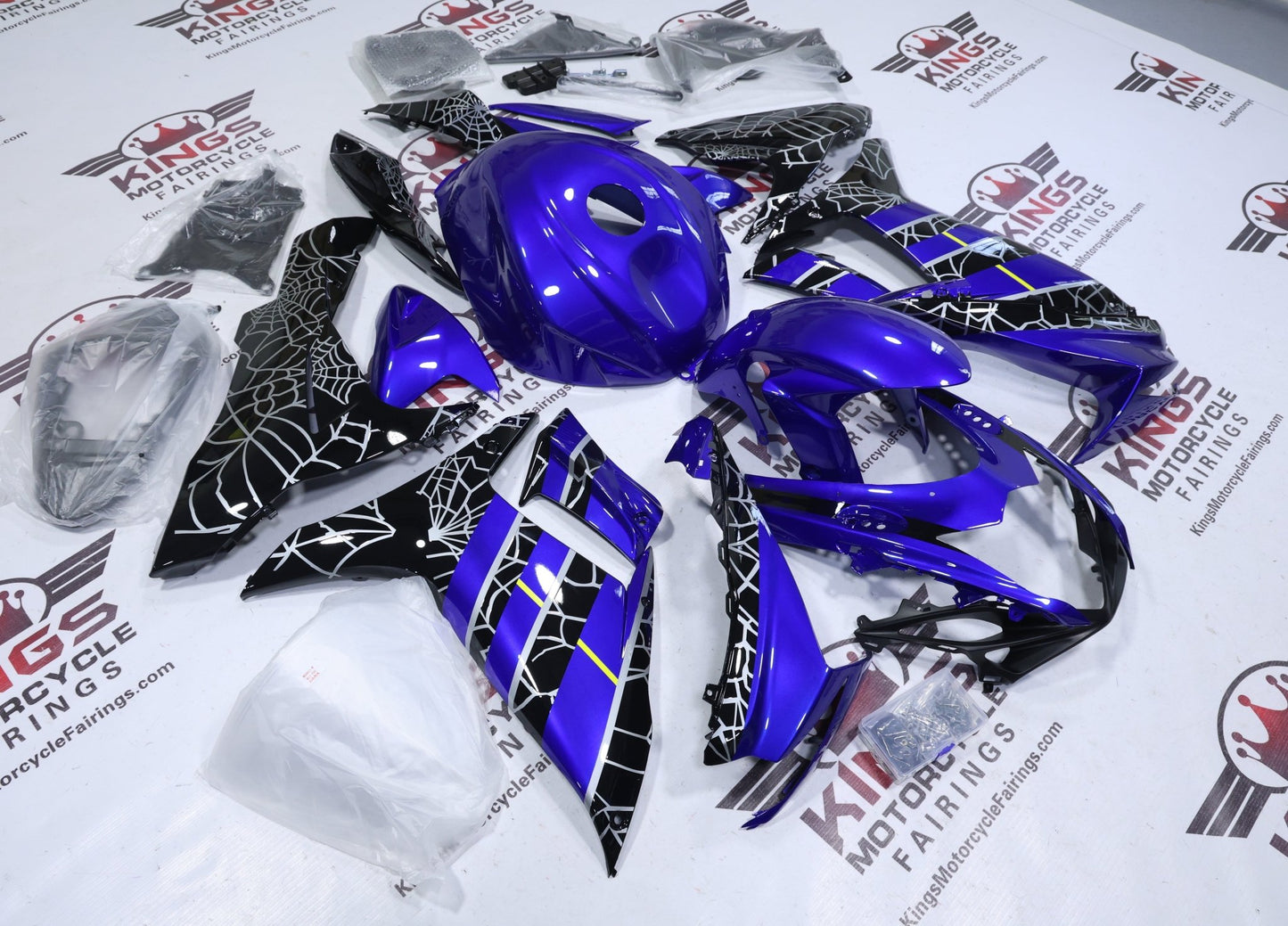 Suzuki GSXR750 Fairing Kit (2025-2026) Blue, Black, Silver Spider Web at KingsMotorcycleFairings.com