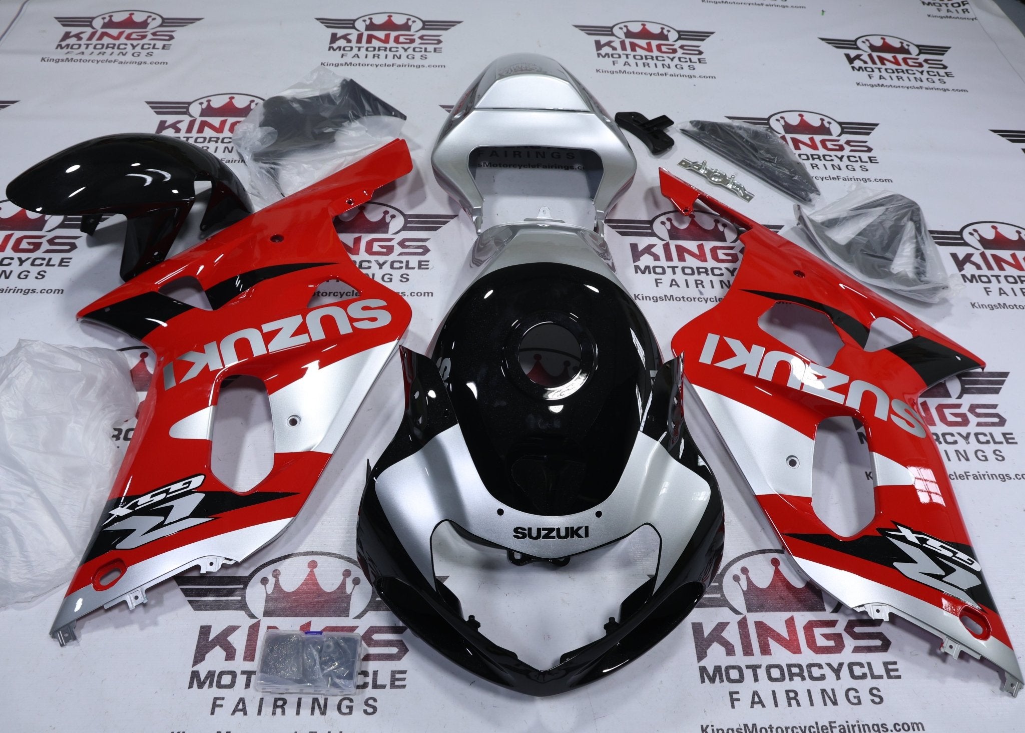 Suzuki GSXR750 Fairings (2000-2003) Red, Silver, Black Stripe at KingsMotorcycleFairings.com