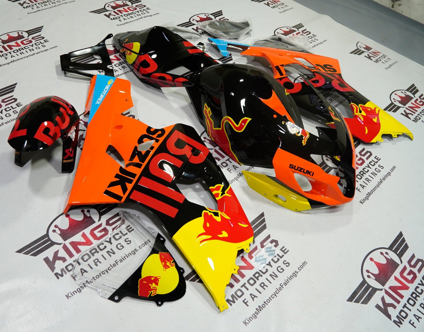 Suzuki GSXR750 Fairing set (2004-2005) Black, Orange, Red Bull at KingsMotorcycleFairings.com