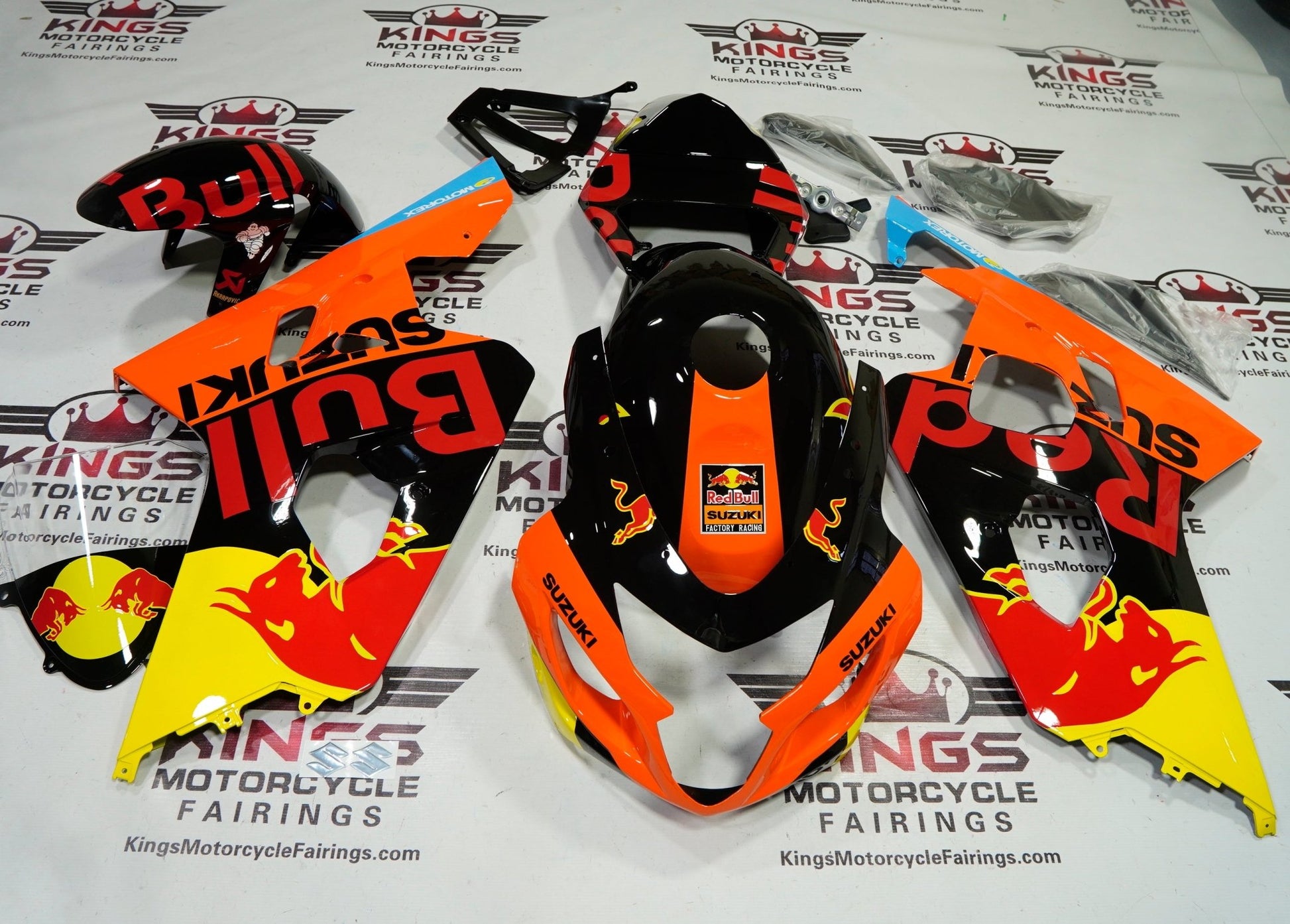 Suzuki GSXR750 Fairings (2004-2005) Black, Orange, Red Bull at KingsMotorcycleFairings.com