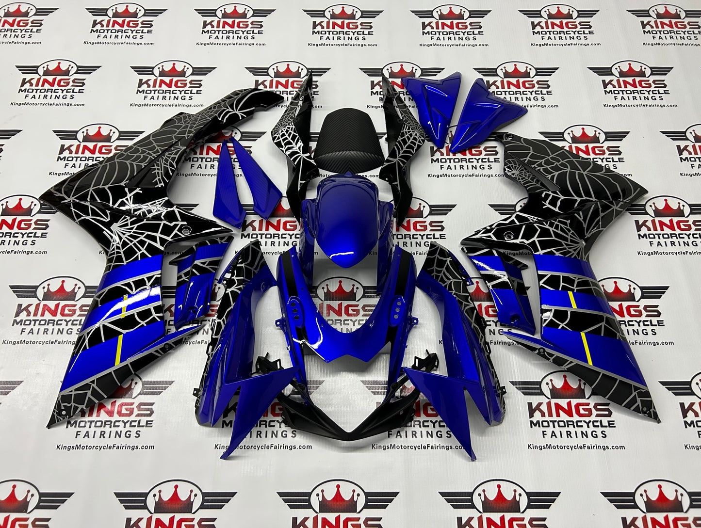 Suzuki GSXR 750 Fairings (2025-2026) Blue, Black, Silver Spider Web at KingsMotorcycleFairings.com