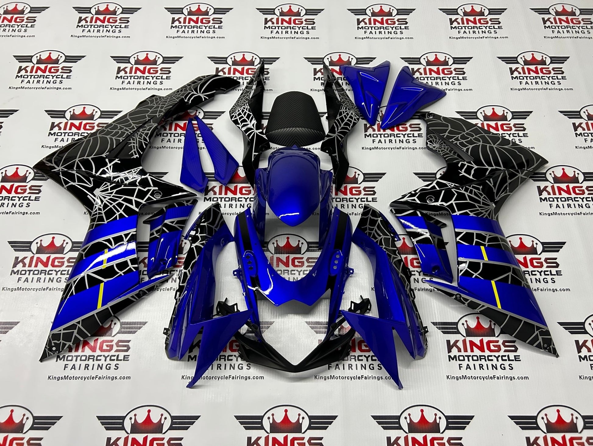 Suzuki GSXR 750 Fairings (2025-2026) Blue, Black, Silver Spider Web at KingsMotorcycleFairings.com