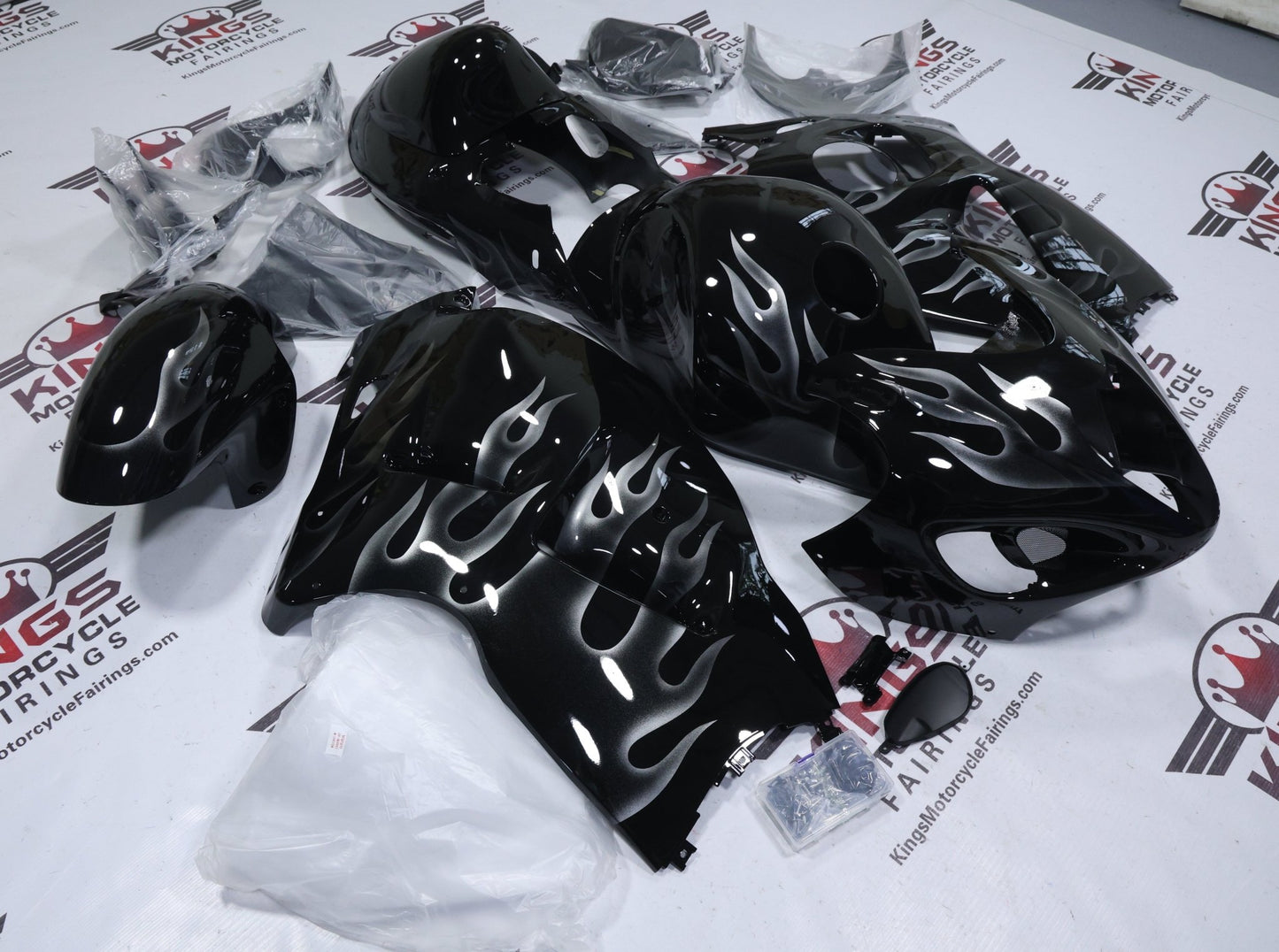 Suzuki Hayabusa Fairing Kit (1999-2007) Black, Silver Flames at KingsMotorcycleFairings.com