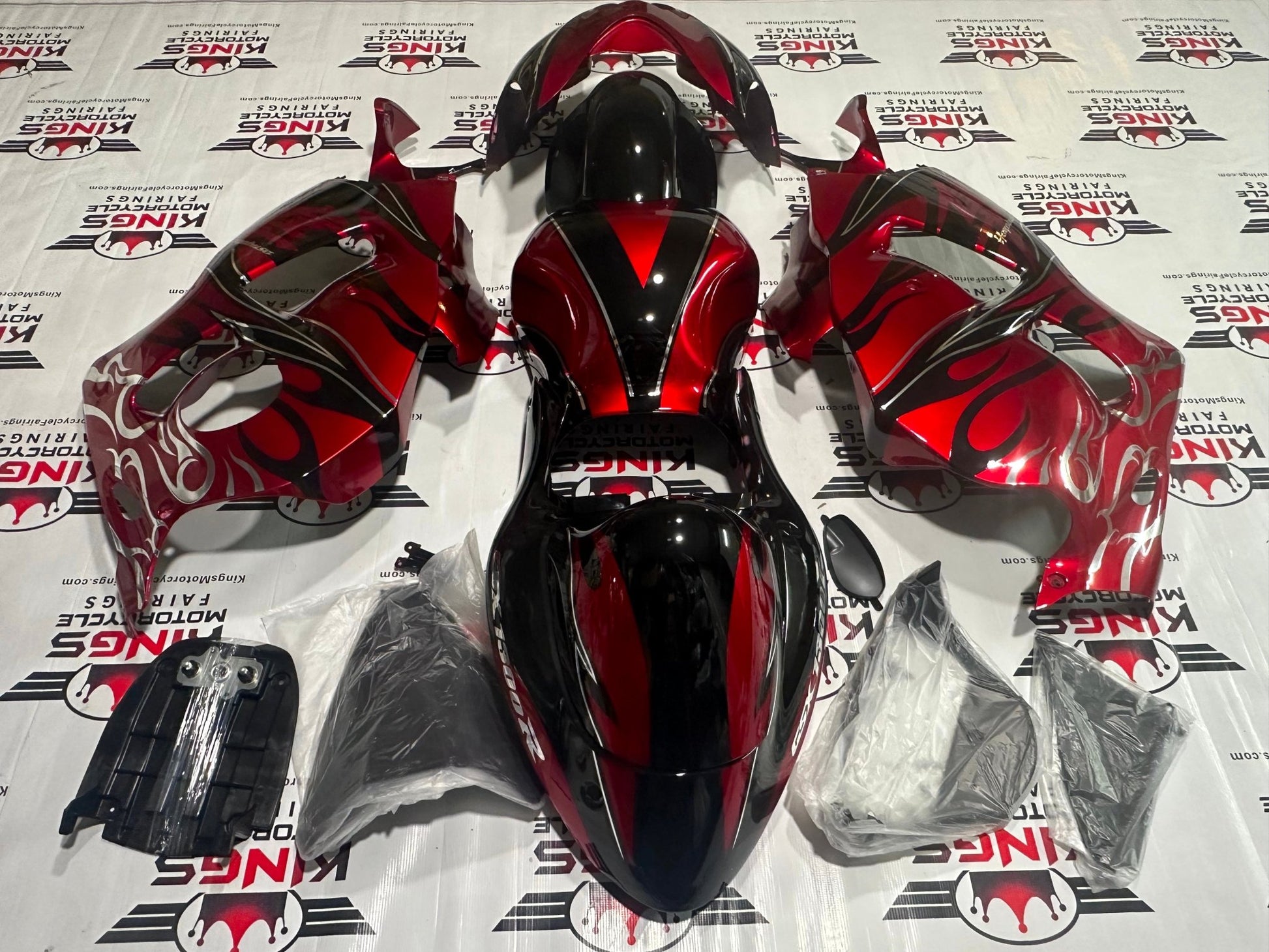 Suzuki Hayabusa Fairings (1999-2007) Red, Black, Chrome Tribal Flames at KingsMotorcycleFairings.com