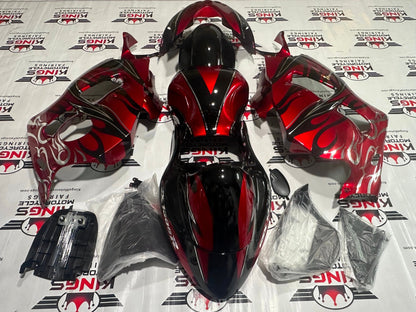 Suzuki Hayabusa Fairings (1999-2007) Red, Black, Chrome Tribal Flames at KingsMotorcycleFairings.com