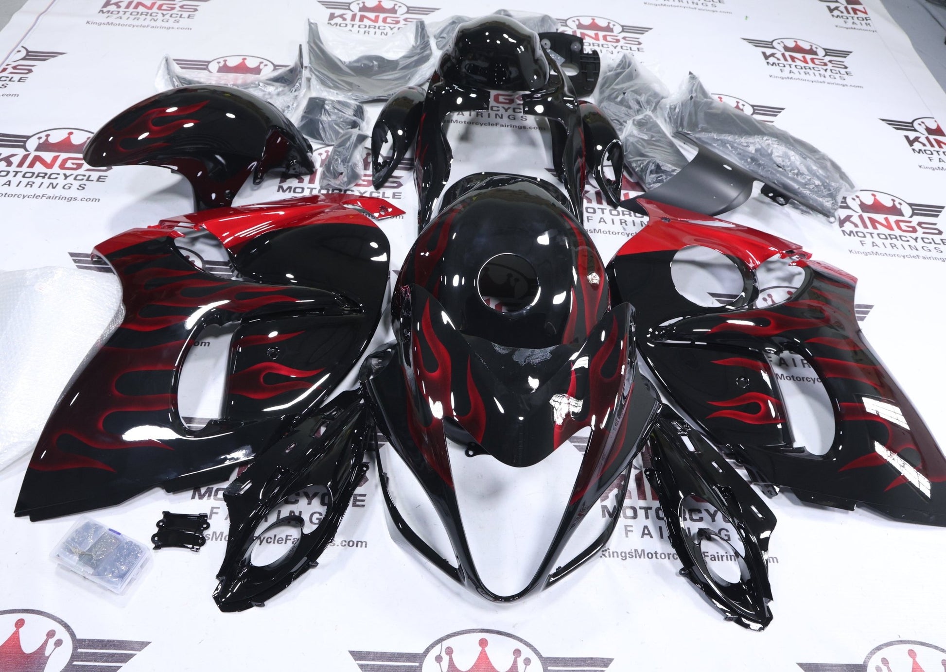 Suzuki Hayabusa Fairings (2008-2020) Black, Red Flame at KinsMotorcycleFairings.com