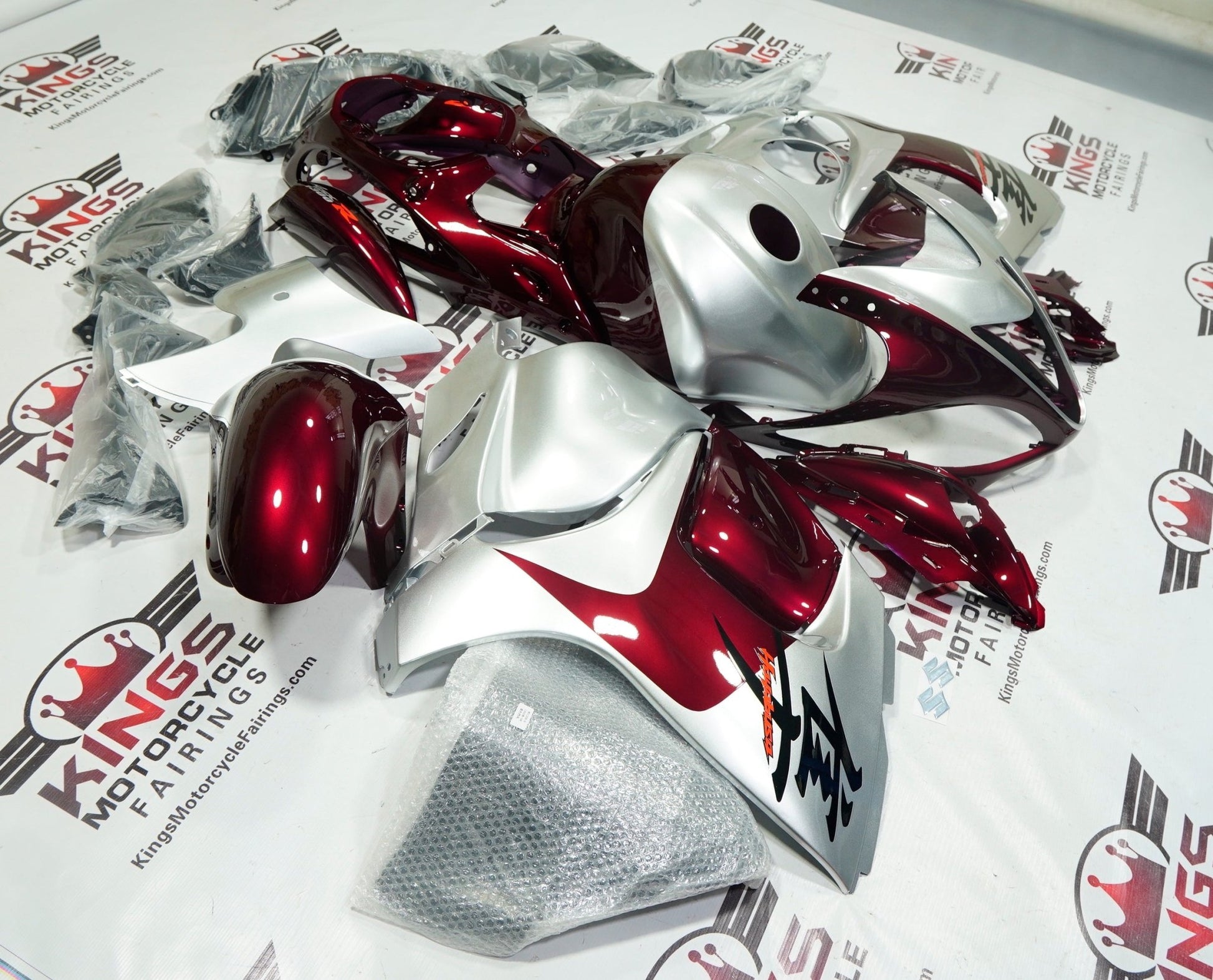 Suzuki Hayabusa Fairings (2008-2020) Dark Red, Silver at KingsMotorcycleFairings.com