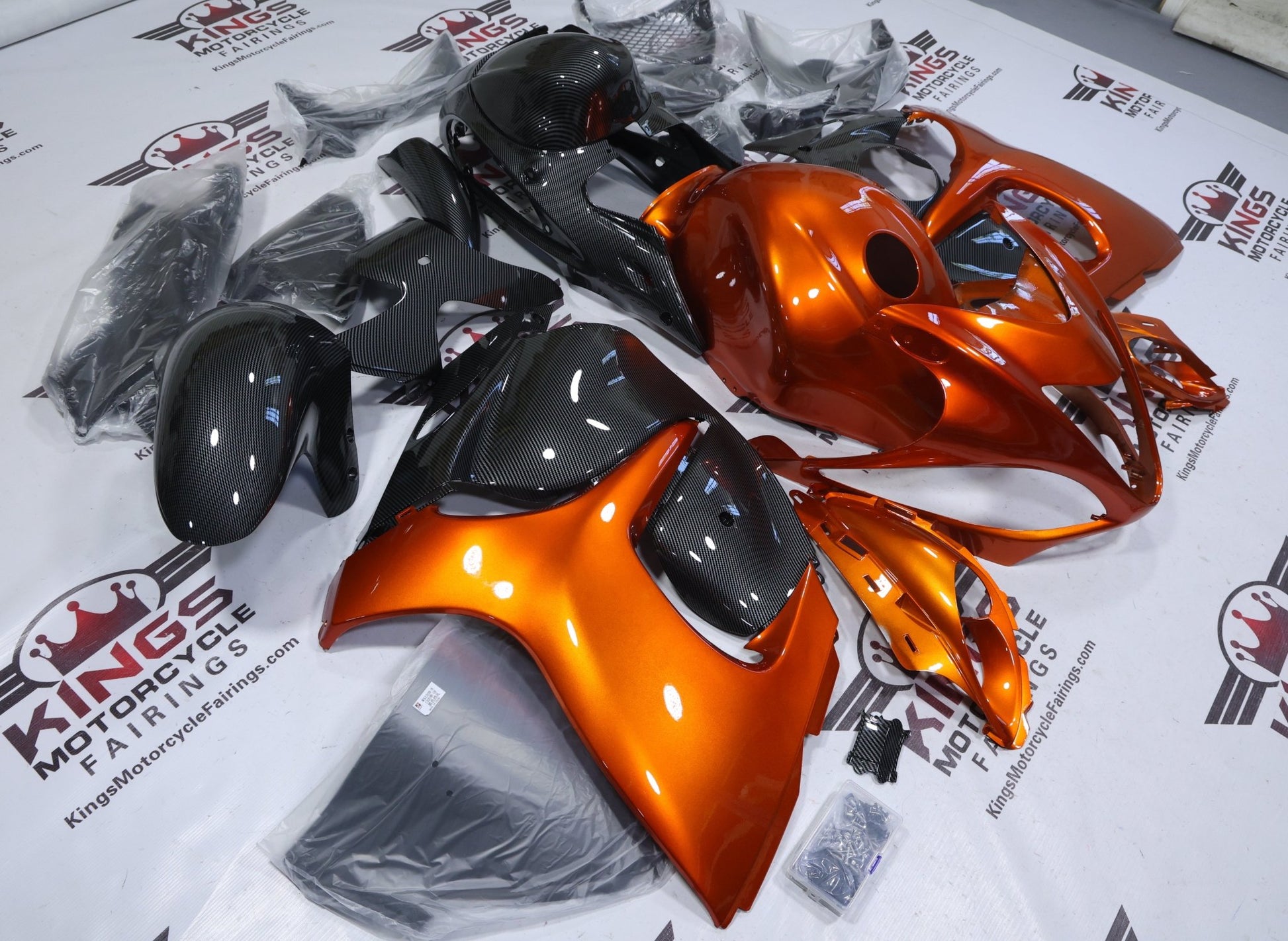 Suzuki Hayabusa Fairings (2008-2020) Orange, Faux Carbon Fiber at KingsMotorcycleFairings.com