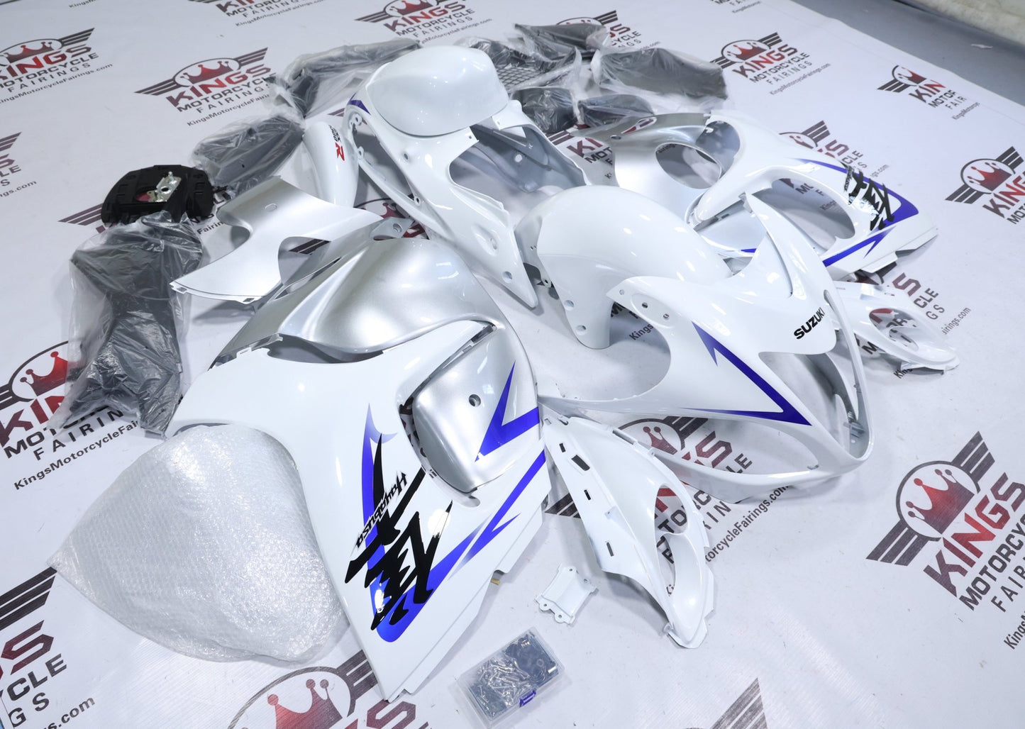 Suzuki Hayabusa Fairings (2008-2020) White, Silver, Blue at KingsMotorcycleFairings.com