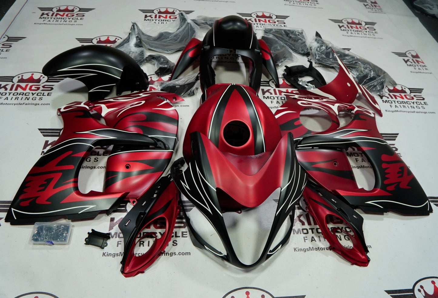 Suzuki GSX1300R Hayabusa Fairings (2008-2020) Matte Candy Red, Matte Black, White Tribal Flame at KingsMotorcycleFairings.com