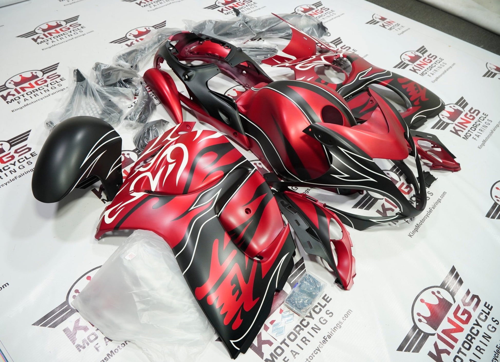 Suzuki GSX1300R Hayabusa Fairings (2008-2020) Matte Candy Red, Matte Black, White Tribal Flame from KingsMotorcycleFairings.com