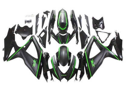 Suzuki GSXR600 Fairing Kit (2008-2010) Matte Black, Green Stripes at KingsMotorcycleFairings.com