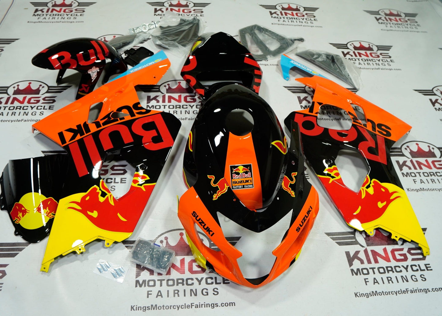 Suzuki GSXR750 Fairings (2004-2005) Black, Orange, Red Bull at KingsMotorcycleFairings.com