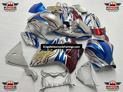 Suzuki Hayabusa Fairing Kit (2008-2020) Silver, Blue, Red, Gold Tribal Flames at KingsMotorcycleFairings.com