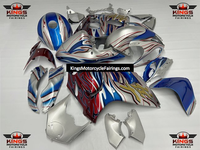 Suzuki Hayabusa Fairing Set (2008-2020) Silver, Blue, Red, Gold Tribal Flames at KingsMotorcycleFairings.com