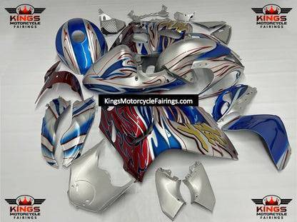 Suzuki Hayabusa Fairing Set (2008-2020) Silver, Blue, Red, Gold Tribal Flames at KingsMotorcycleFairings.com
