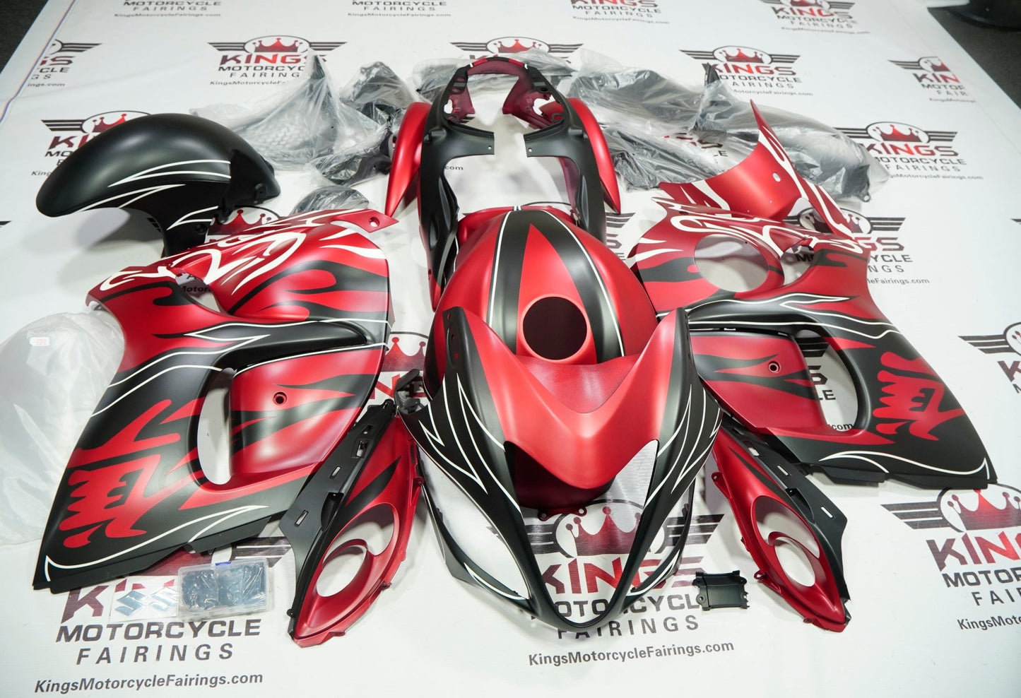 Suzuki Hayabusa Fairings (2008-2020) Matte Candy Red, Matte Black, White Tribal Flame at KingsMotorcycleFairings.com