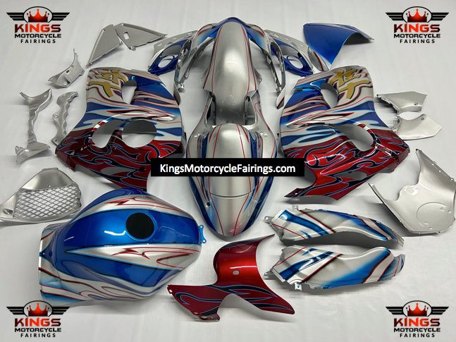 Suzuki Hayabusa Fairings (2008-2020) Silver, Blue, Red, Gold Tribal Flames from KingsMotorcycleFairings.com
