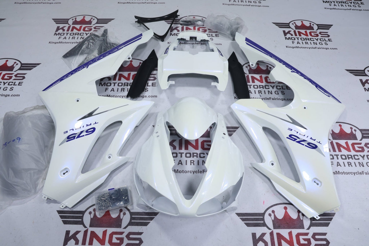 Triumph Daytona 675 Fairing Kit (2009-2012) Pearl White, Blue at KingsMotorcycleFairings.com