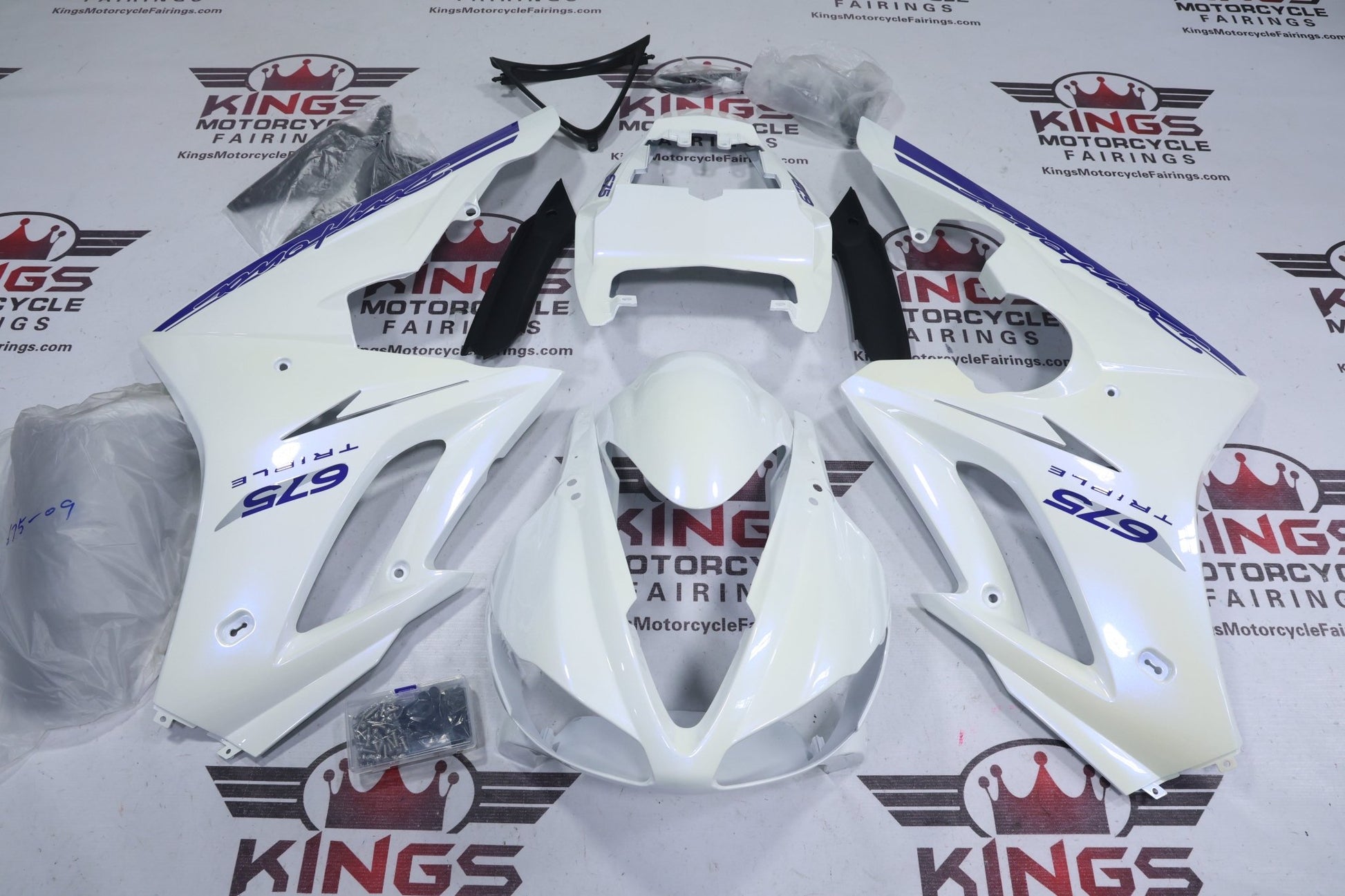 Triumph Daytona 675 Fairing Kit (2009-2012) White Pearl, Blue at KingsMotorcycleFairings.com