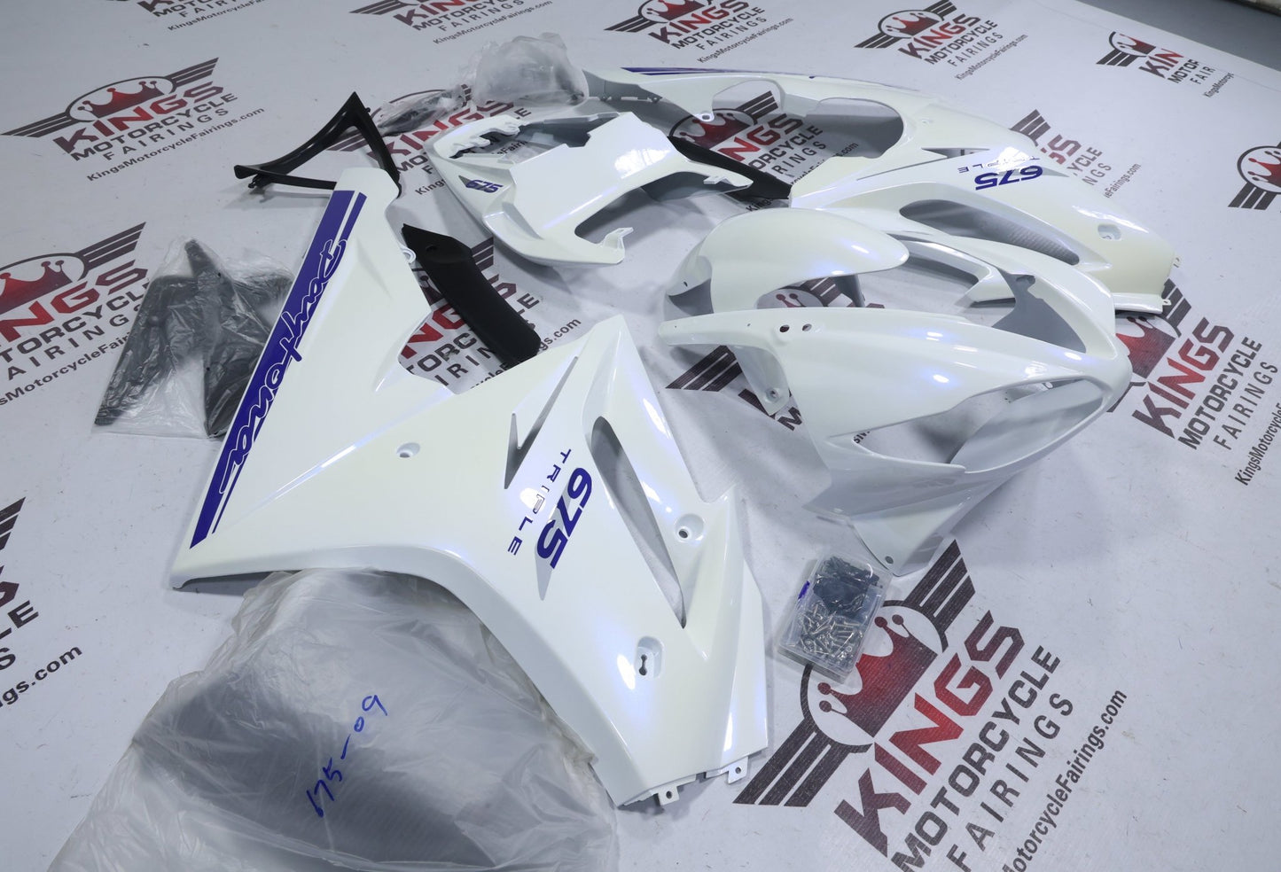 Triumph Daytona 675 Fairings (2009-2012) Pearl White, Blue from KingsMotorcycleFairings.com