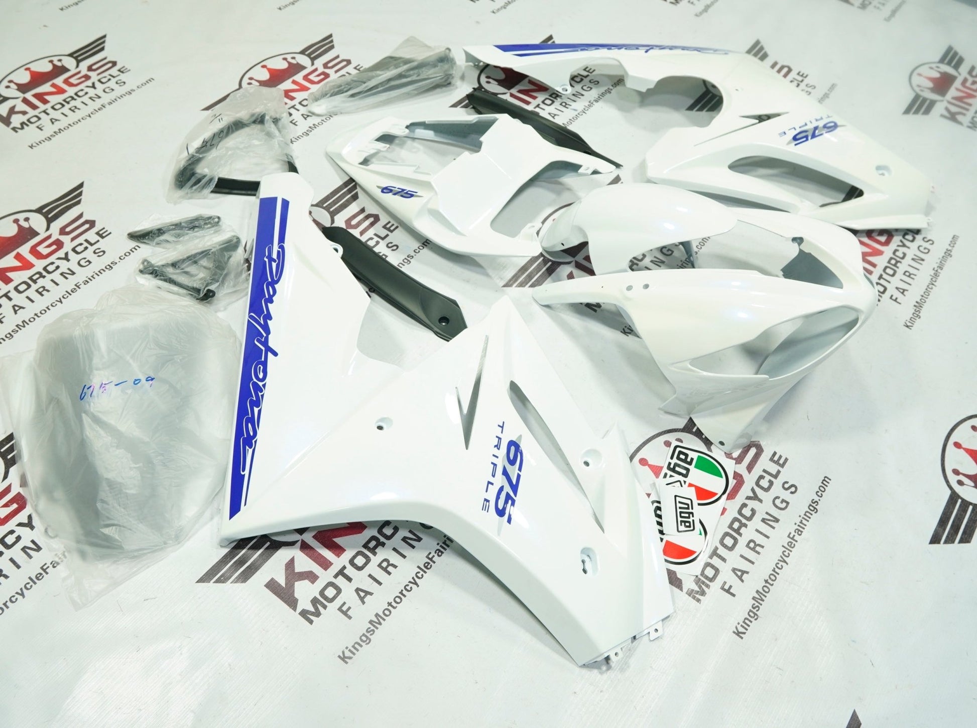 Triumph Daytona 675 Fairings (2009-2012) White Gloss, Blue at KingsMotorcycleFairings.com