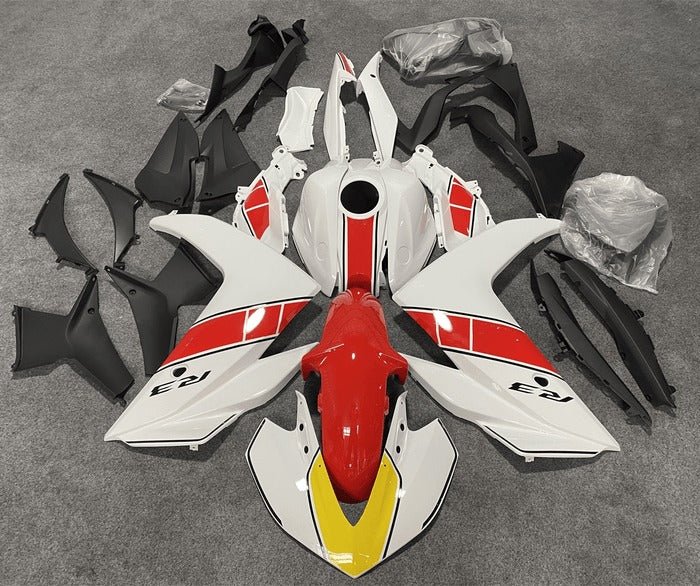 YAMAHA YZF-R3 Fairings (2015-2018) White, Red, Yellow, Black Stripe at KingsMotorcycleFairings.com