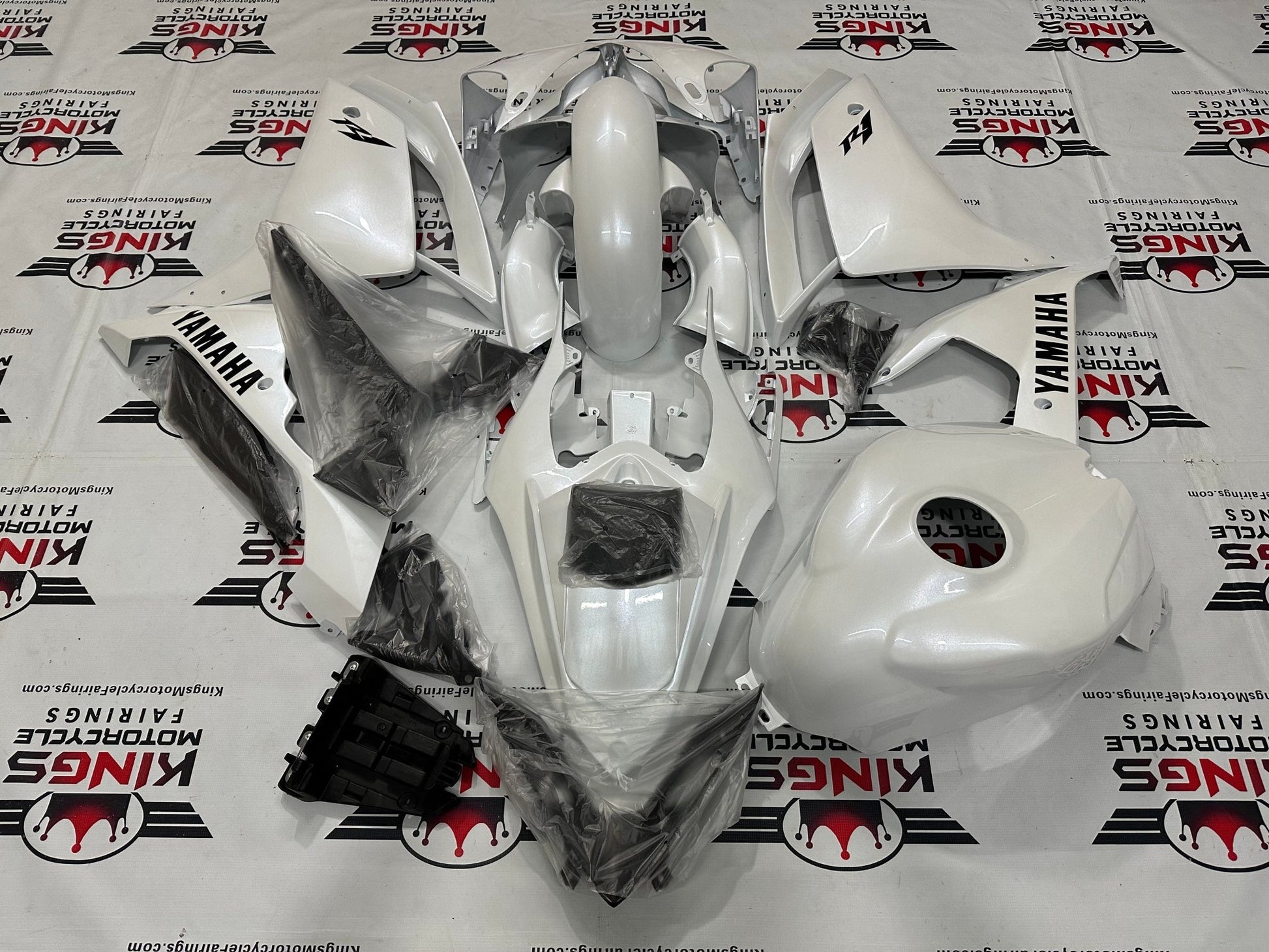 Yamaha R1 Fairing Kit (2007-2008) Pearl White, Metallic Black at KingsMotorcycleFairings.com