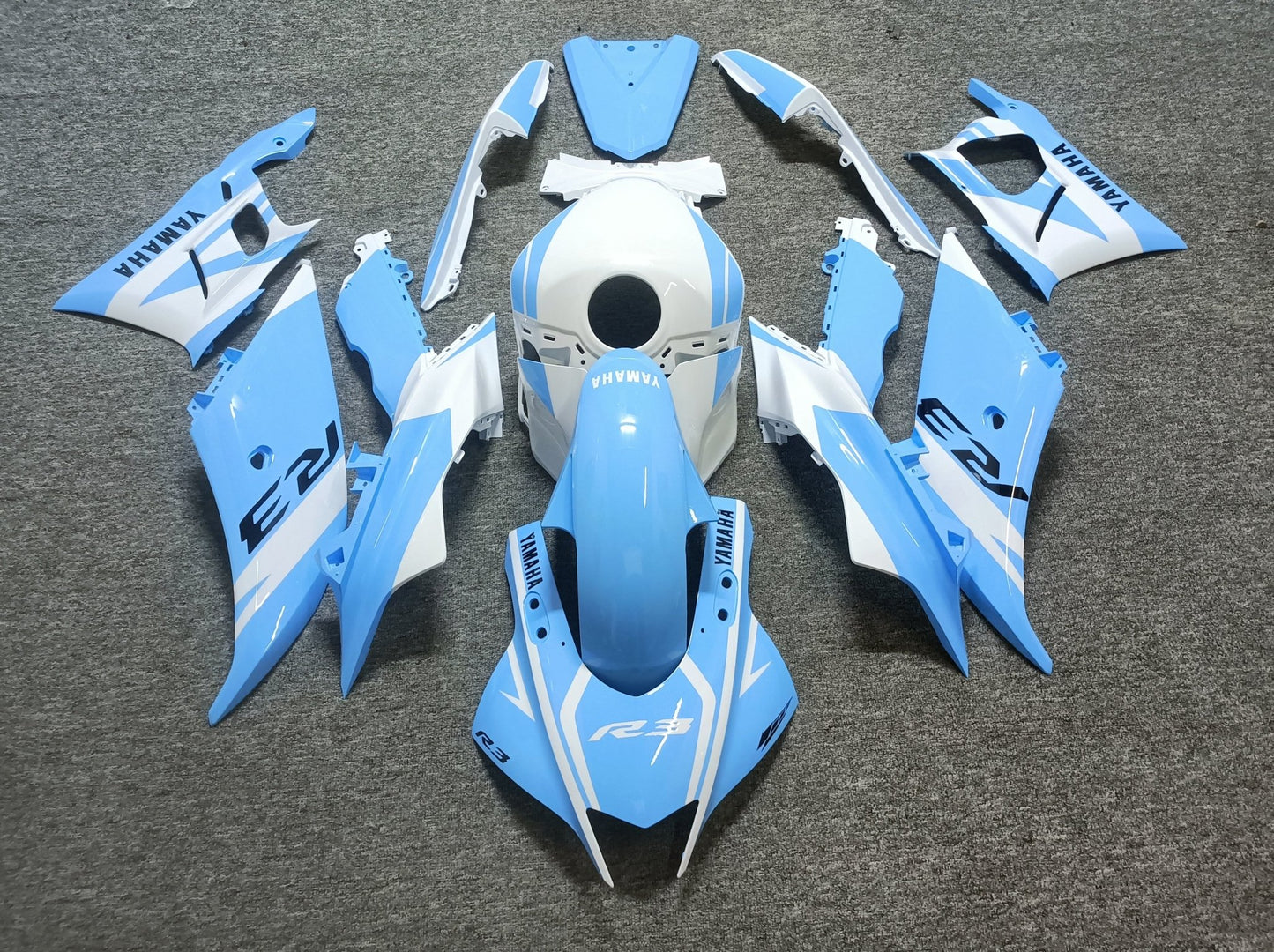 Yamaha R3 Fairing Kit (2022-2024) Light Blue, White at KingsMotorcycleFairings.com