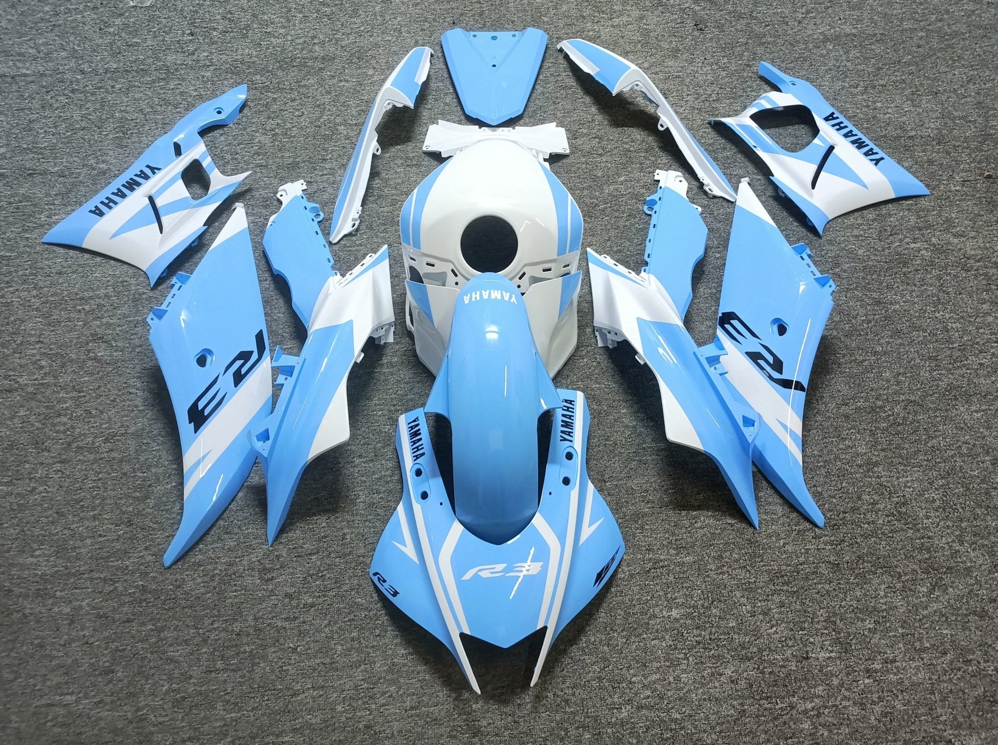 Yamaha R3 Fairing Kit (2022-2024) White, Light Blue at KingsMotorcycleFairings.com