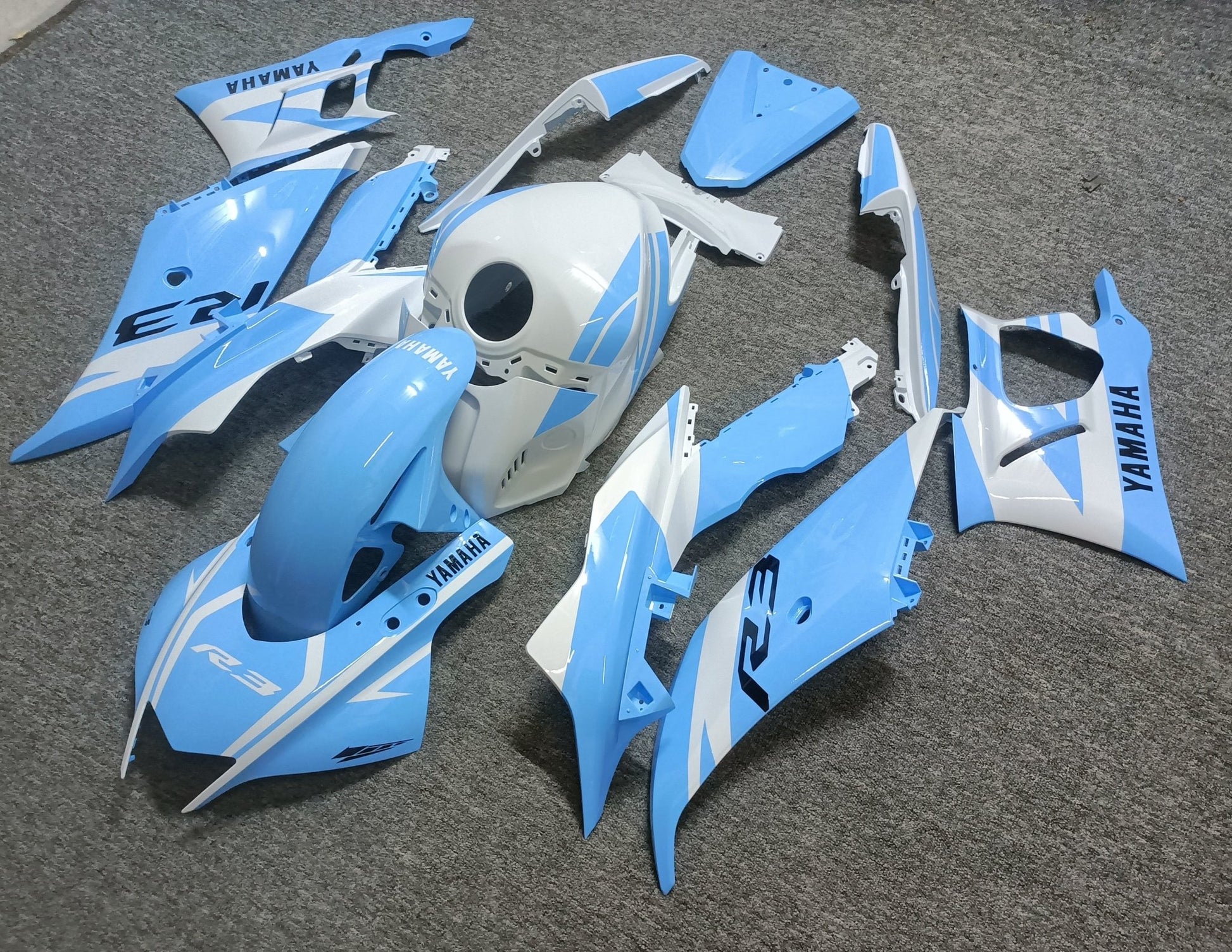 Yamaha R3 Fairing Kit (2022-2024) White, Light Blue from KingsMotorcycleFairings.com