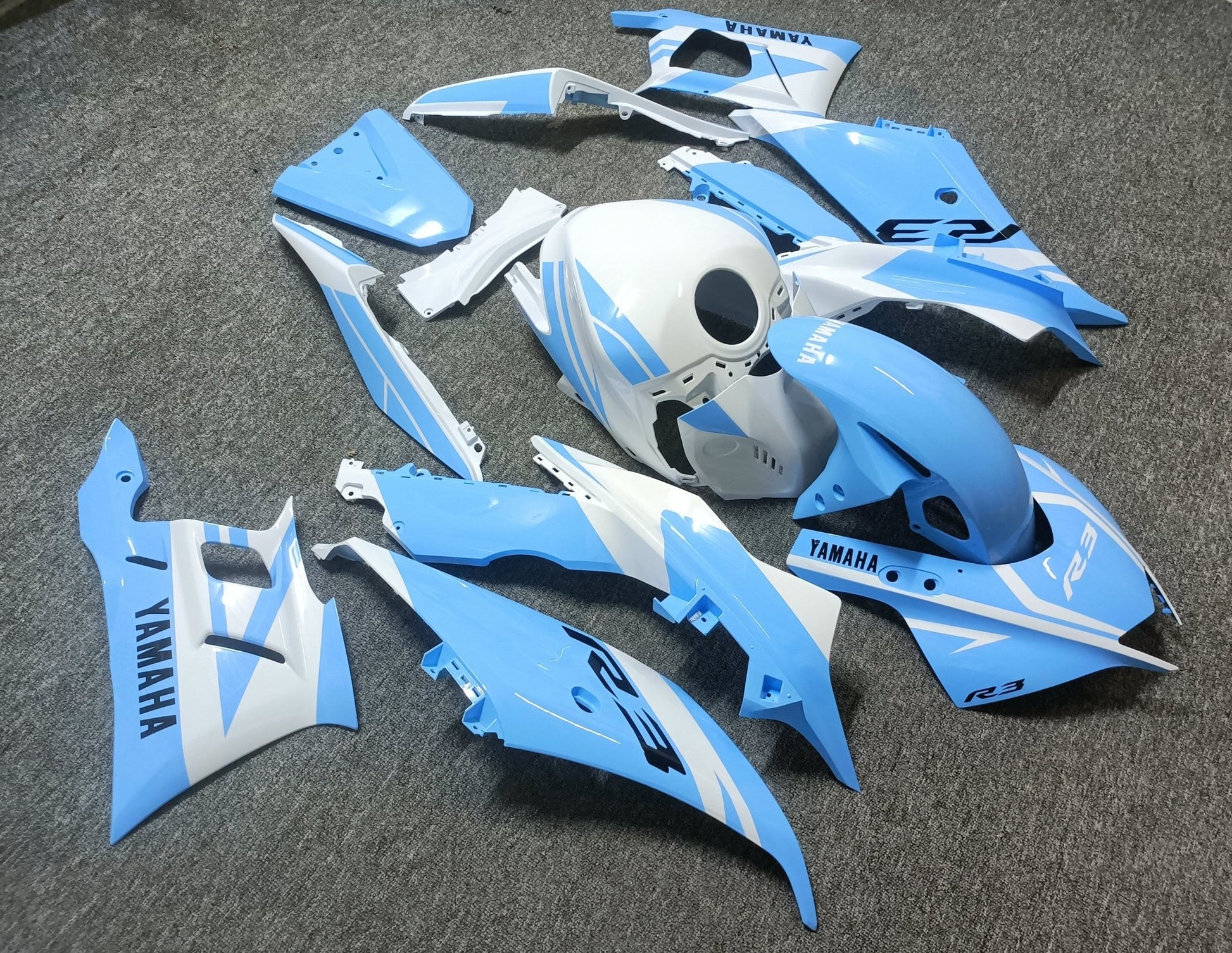Yamaha R3 Fairing Set (2022-2024) Light Blue, White at KingsMotorcycleFairings.com
