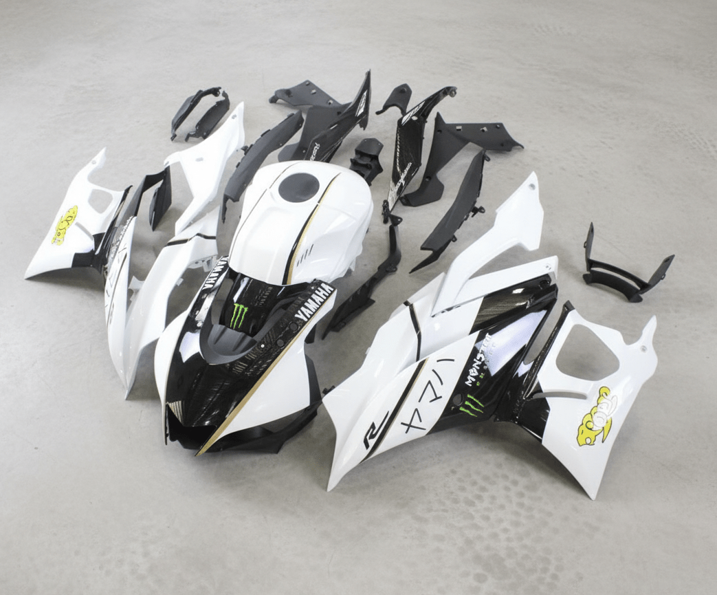 Yamaha R3 Fairings (2019-2021) White, Black, Gold Monster at KingsMotorcycleFairings.com