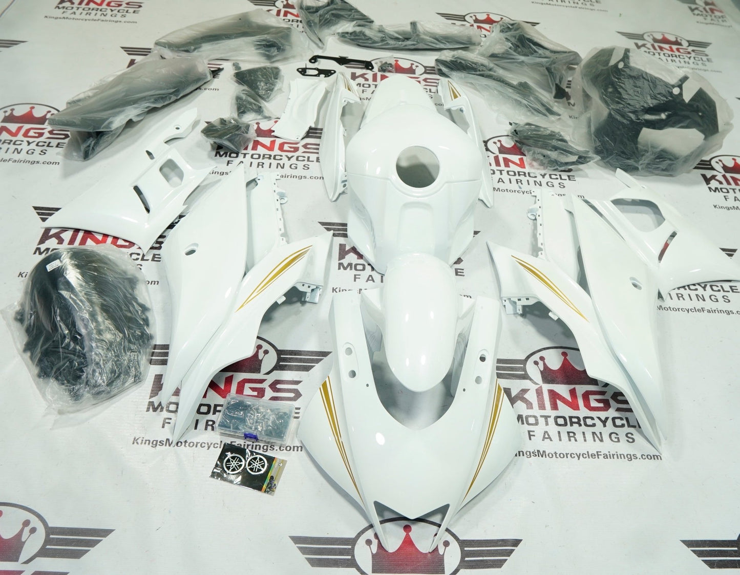 Yamaha R3 Fairings (2019-2021) White, Gold at KingsMotorcycleFairings.com