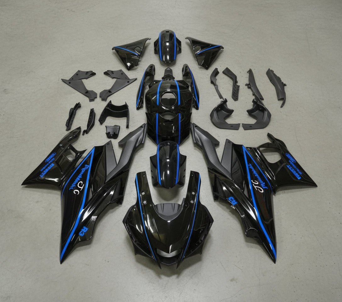 Yamaha R3 Fairings (2022-2024) Black, Blue Stripes at KingsMotorcycleFairings.com