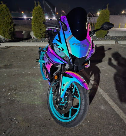 Yamaha R3 Fairings (2022-2024) Chameleon Chrome, Pink, Blue from KingsMotorcycleFairings.com