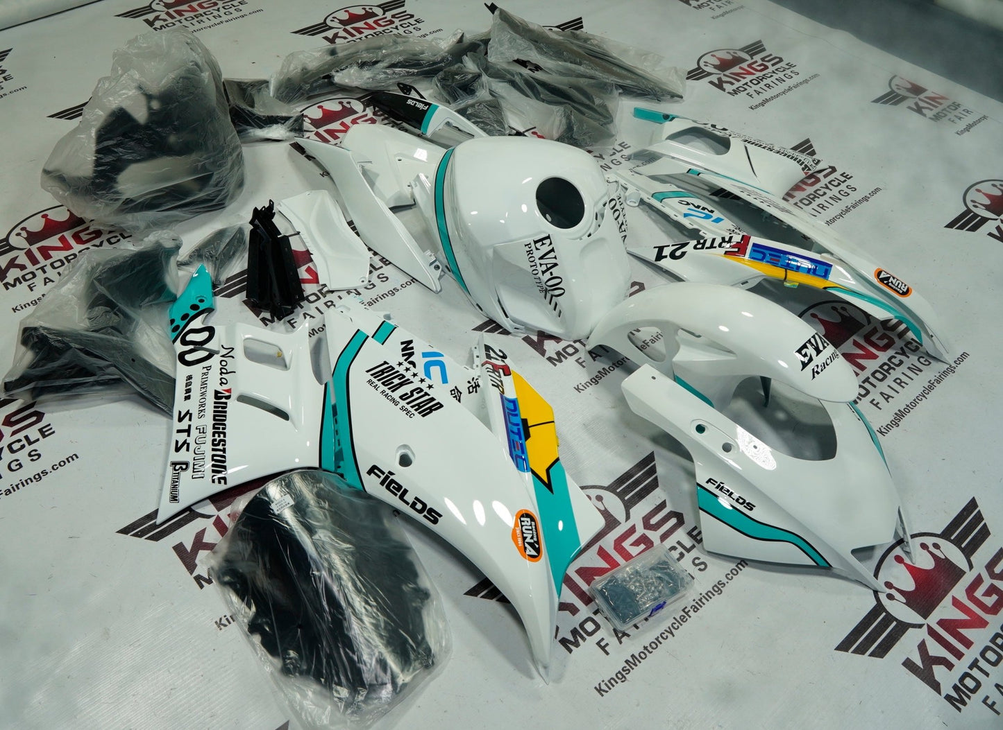 Yamaha R3 Fairings (2022-2024) White, Blue Eva at KingsMotorcycleFairings.com